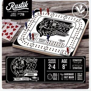 Made in Canada Rustik Classic Travel  Board Game - Lucky 29 Cribbage Bilingual